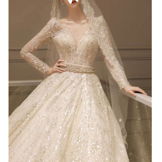 Modest Long Sleeves A Line Wedding Dresses Bridal Gowns Sheer Jewel Neck Lace Appliqued Sequins Plus Size Custom C2406