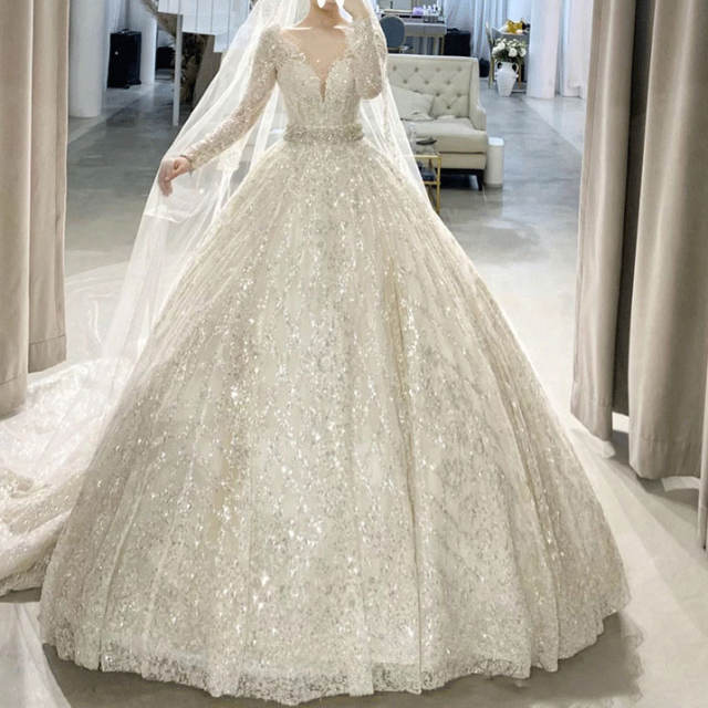 Modest Long Sleeves A Line Wedding Dresses Bridal Gowns Sheer Jewel Neck Lace Appliqued Sequins Plus Size Custom C2406