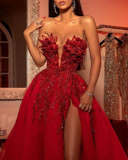 Red Embroidered Sequins Split Off shoulder Gowns Wedding Plus Size Evening Dress C2502