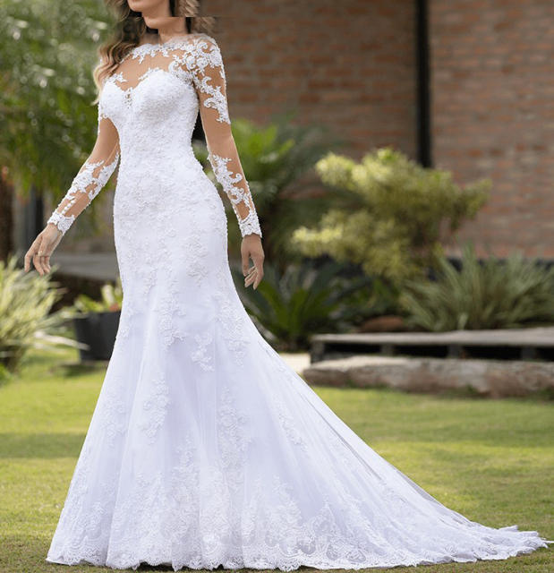 Attractive Vestidos De Novia White Lace Long Sleeve Mermaid Wedding Dress With Corset C2503