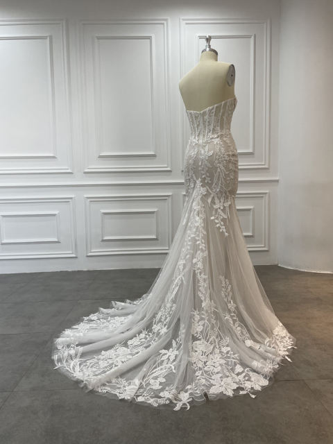 Sexy Sheer Boning Bodice Plunging V Detachable Straps Mermaid Pattern Lace Wedding Dresses C2507