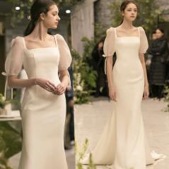 Simple Slim Square Neck Satin Korean Vintage Bubble Short Sleeve Sweep Train Wedding Gown Wedding Dress C2513