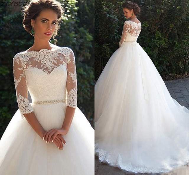 Three Quarter Sleeves White/Ivory A-Line Women Long Wedding Dresses Bride Dresses Lace Appliques Ball Gowns C25162