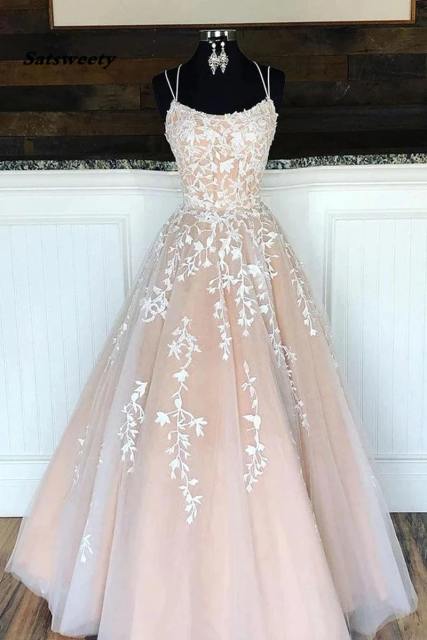 Princess Spaghetti Straps A Line Appliques Tulle Lace up Pink Prom Dresses 2022 New Part Gowns C2518