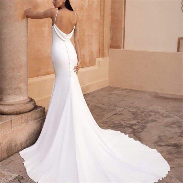 Cowl Neck Satin Mermaid Wedding Dress 2022 Sexy Spaghetti Strap Backless Chic Bridal Gown with Button vestidos de novia C26262