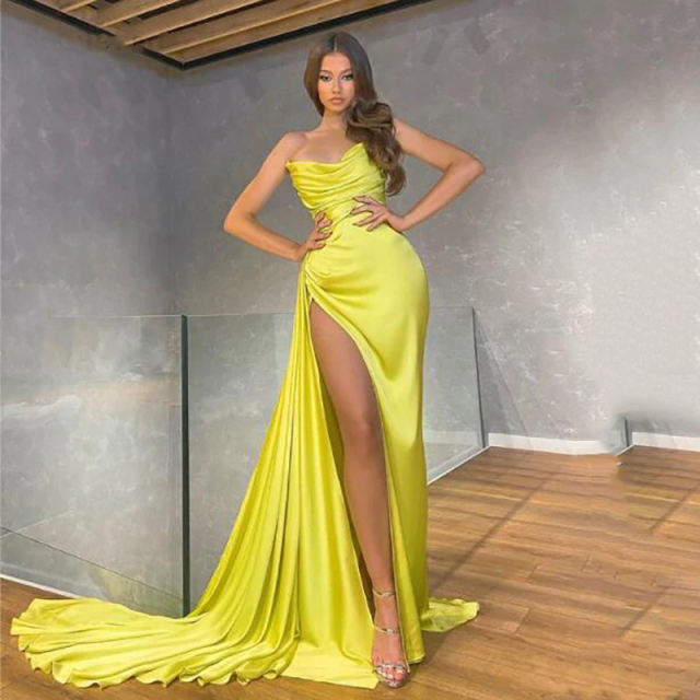 Yellow Sexy V Neck Mermaid Evening Dress Strapless High Side Split Prom Dresses Dubai Celebrity Dresses Party Gowns C26281