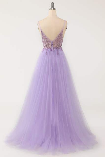 Light Blue/Purple Beading Tulle Evening Dresses Spaghtti Strap Backless A-Line Prom Dresses C21017