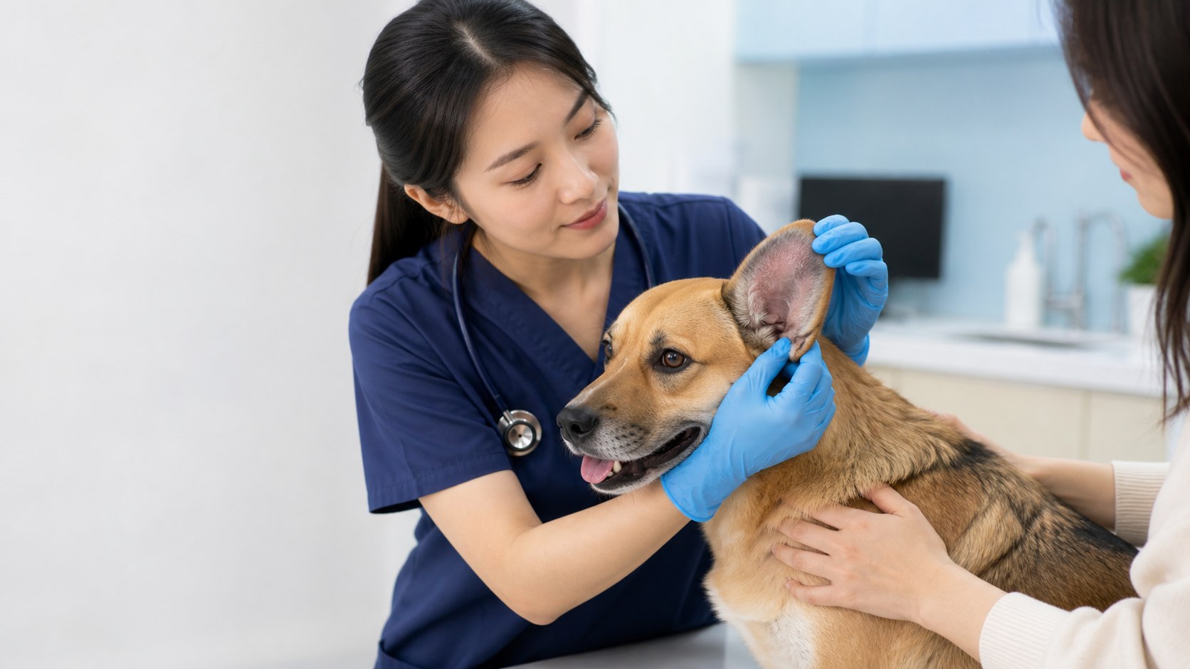 獸醫在診症室為狗狗檢查耳殼及耳血腫情況