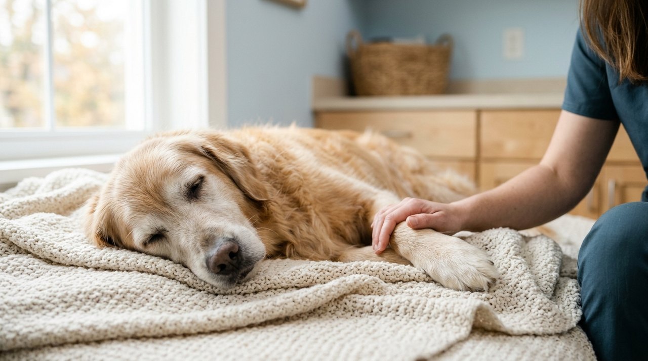 A senior dog resting peacefully with a veterinarian's hand gently on its paw