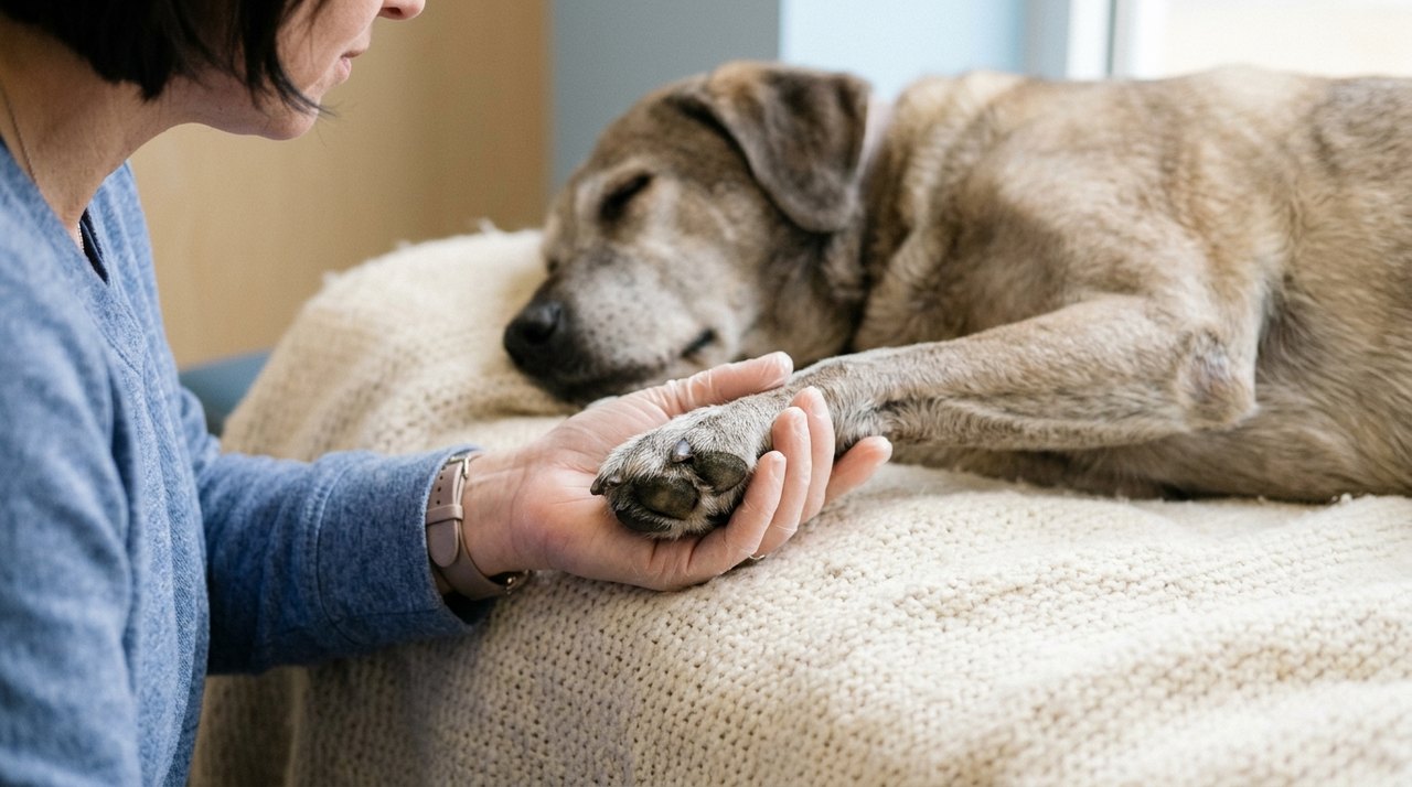 A veterinarian's hand gently holding the paw of an elderly dog