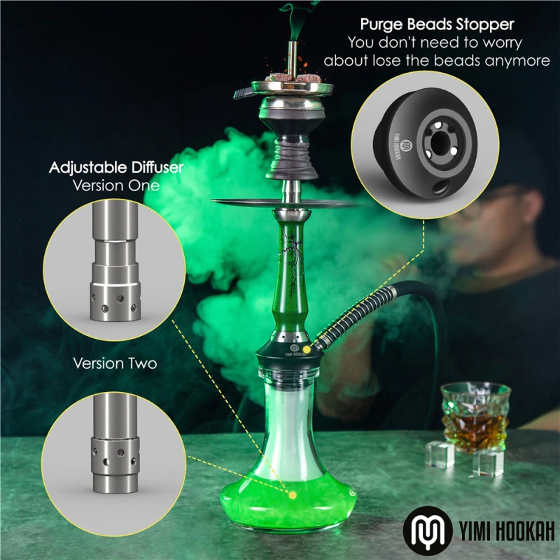 Yimi Hookah V2A Stainless Steel Hookah Set  Wooden Hookah Include Hookah Tray Shisha Charcoal Holder Shisha Mouthpiece Silicone Bowl Hookah Tong -Thunder Green