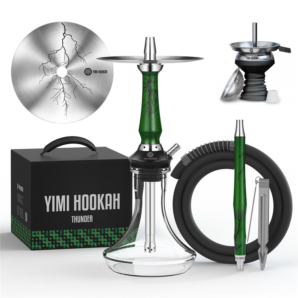 Yimi Hookah V2A Stainless Steel Hookah Set  Wooden Hookah Include Hookah Tray Shisha Charcoal Holder Shisha Mouthpiece Silicone Bowl Hookah Tong -Thunder Green