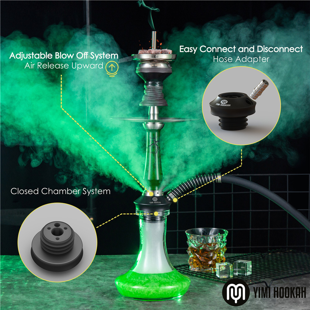 Yimi Hookah V2A Stainless Steel Hookah Set  Wooden Hookah Include Hookah Tray Shisha Charcoal Holder Shisha Mouthpiece Silicone Bowl Hookah Tong -Thunder Green