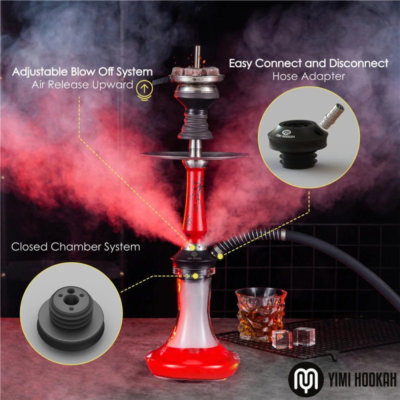 Yimi Hookah V2A Stainless Steel Hookah Set  Wooden Hookah Include Hookah Tray Shisha Charcoal Holder Shisha Mouthpiece Silicone Bowl Hookah Tong -Thunder Red