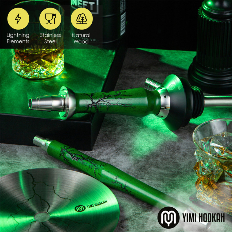 Yimi Hookah V2A Stainless Steel Hookah Set  Wooden Hookah Include Hookah Tray Shisha Charcoal Holder Shisha Mouthpiece Silicone Bowl Hookah Tong -Thunder Green