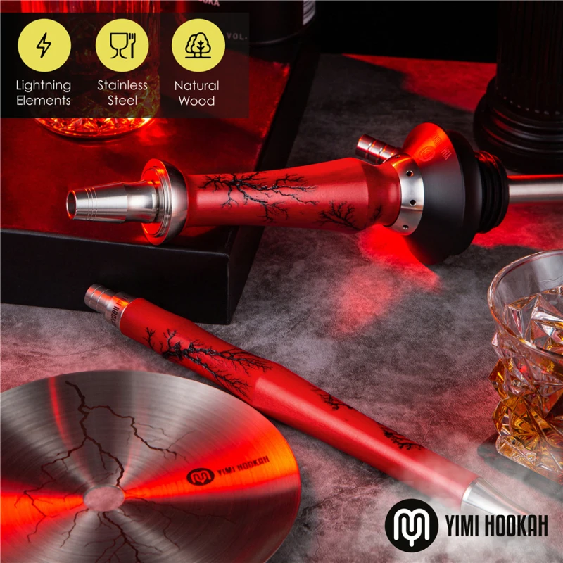 Yimi Hookah V2A Stainless Steel Hookah Set  Wooden Hookah Include Hookah Tray Shisha Charcoal Holder Shisha Mouthpiece Silicone Bowl Hookah Tong -Thunder Red