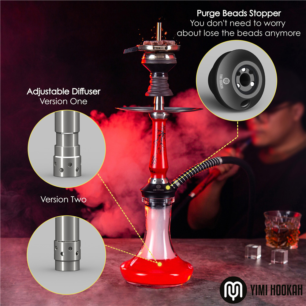 Yimi Hookah V2A Stainless Steel Hookah Set  Wooden Hookah Include Hookah Tray Shisha Charcoal Holder Shisha Mouthpiece Silicone Bowl Hookah Tong -Thunder Red