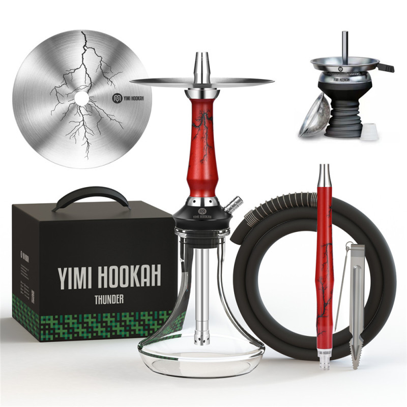 Yimi Hookah V2A Stainless Steel Hookah Set  Wooden Hookah Include Hookah Tray Shisha Charcoal Holder Shisha Mouthpiece Silicone Bowl Hookah Tong -Thunder Red