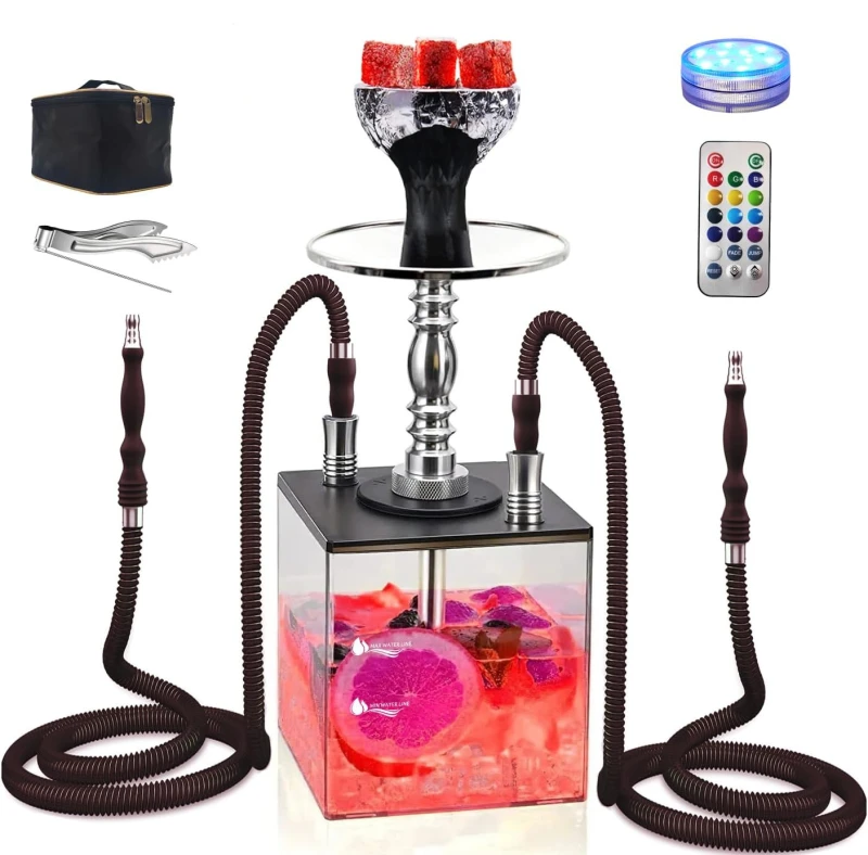 Acrylic Hookah Set Square Cube Hookah with 2 Pipe Led Light Silicone