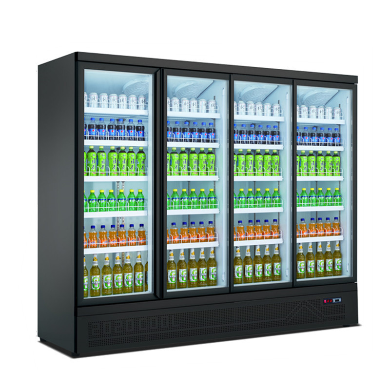 4 Doors Bottom Mounted Refrigerated Showcase-Black Display Cooler Cold Drink Beverage Refrigerator Fridge for Shop Supermarket