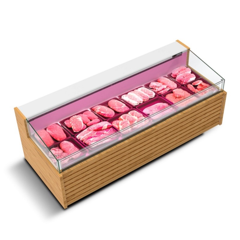 Horizontal Open Type Display Cooler Supermarket Butchery Fridge Glass Meat Chiller Display Showcase