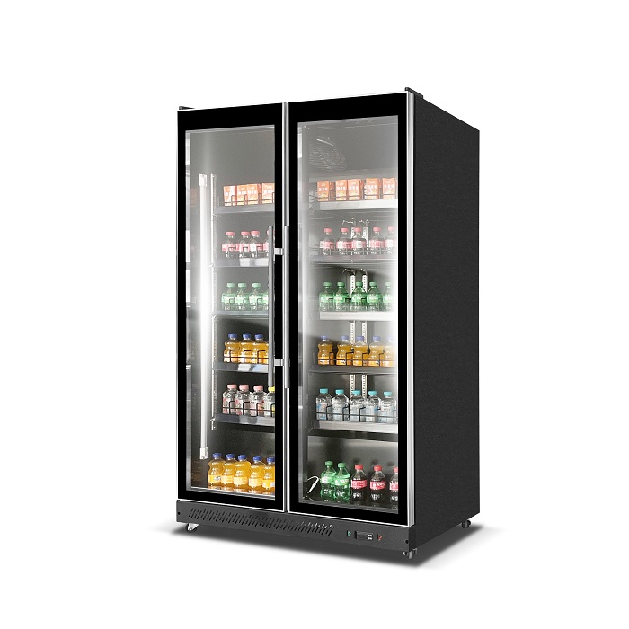 Oem Upright Refrigerated Drink Showcase Supermarket Double Glass Door