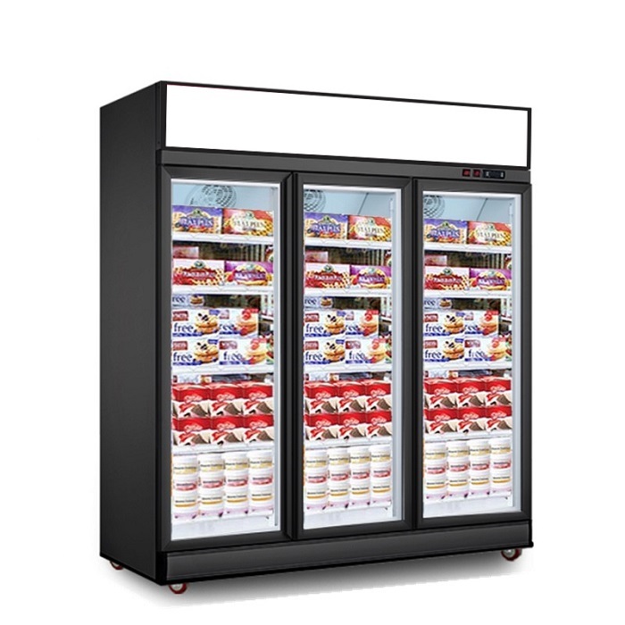 Supermarket 3 Door Upright Chiller Ice Cream Glass Display Showcase Refrigerator And Freezer