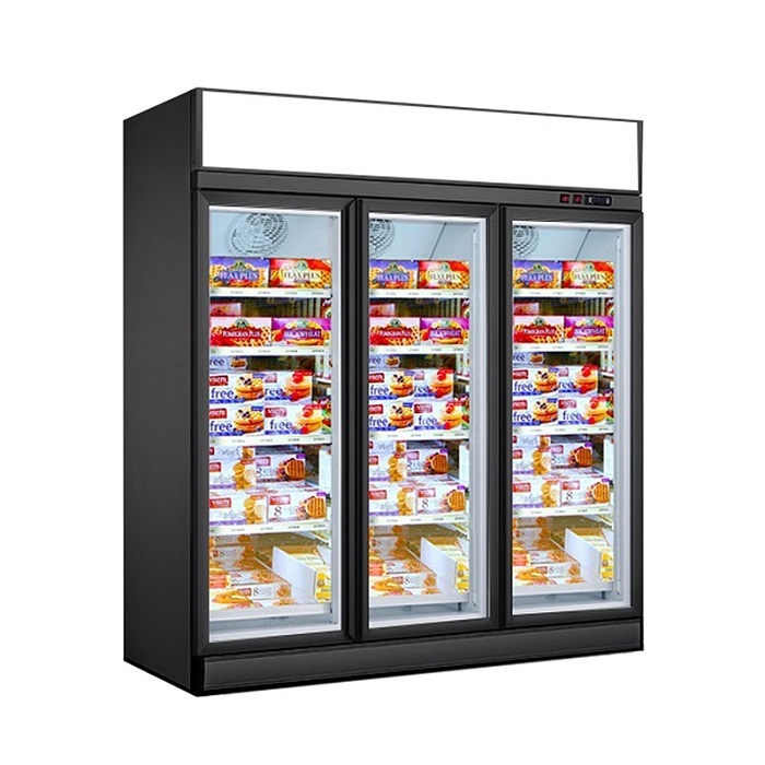 Supermarket 3 Door Upright Chiller Ice Cream Glass Display Showcase Refrigerator And Freezer