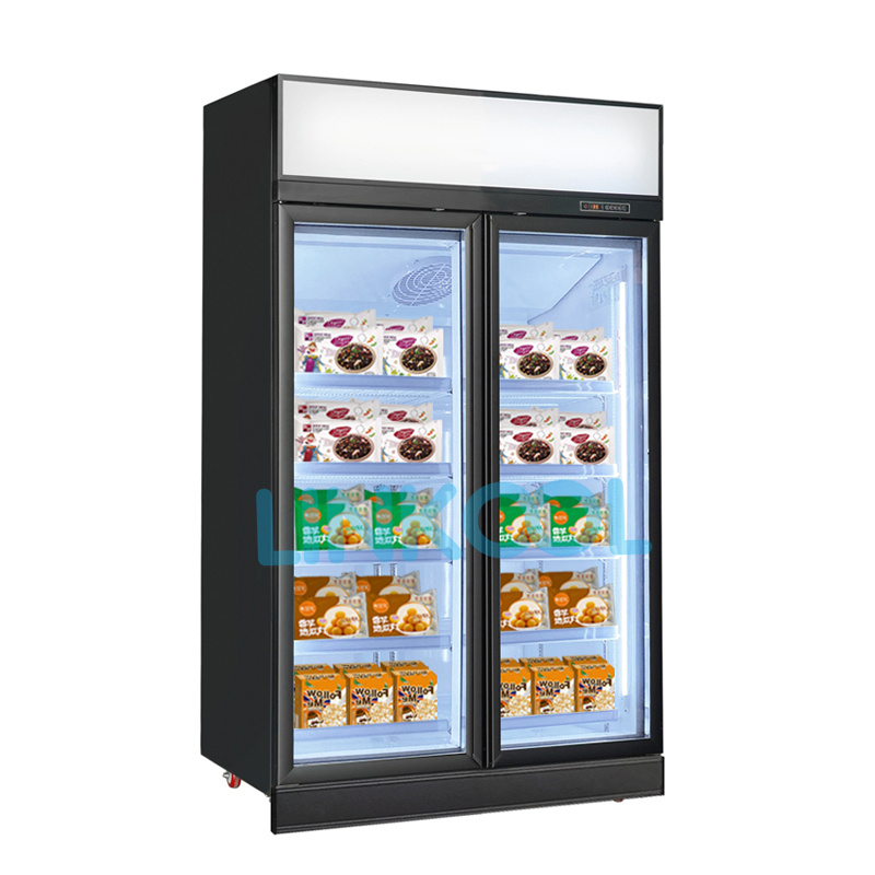 Super Market Fan Cooling Double Glass Door Vertical Beverage Refrigerator Commercial Display Showcase