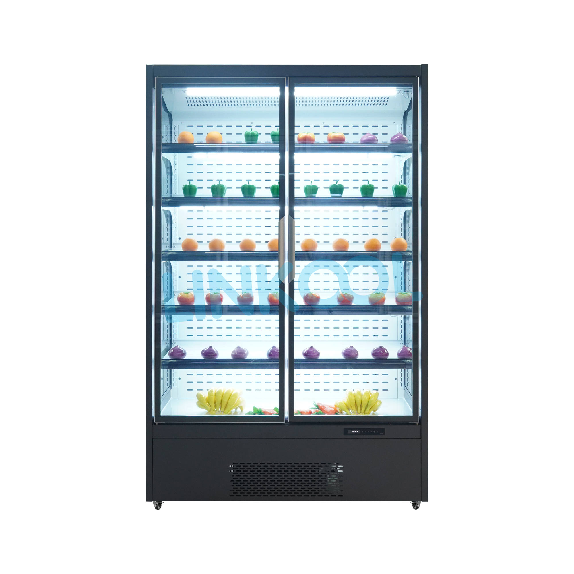Commercial Glass Door Open Chiller Double Door Fruit Vegetable Display Refrigerator for Supermarket