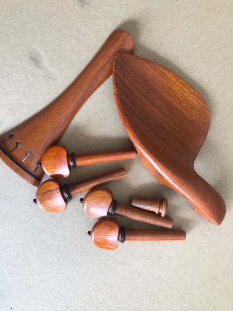 1 set of 4/4 size  violin fittings Pernambuco wood made hand carved completely including chin rest , tailpiece , 4 pegs and endpin