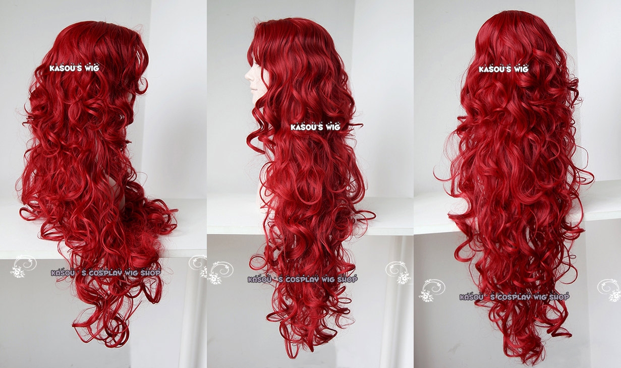 crimson red long curly side part bangs 90cm long wig poison ivy . women wig