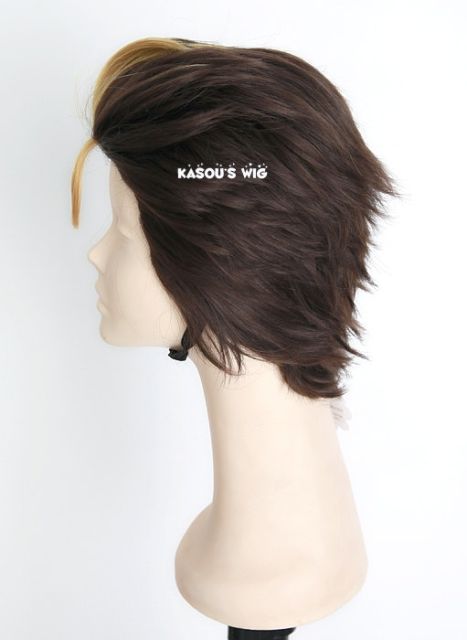 Haikyuu !! Nishinoya Yuu all back dark brown layers cosplay wig with highlighted blonde hair. KA030