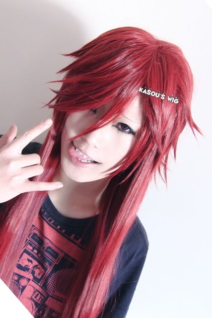 100cm / 39.5" Black Butler / Kuroshitsuji Grell Sutcliff pre-styled long dark red layers cosplay wig