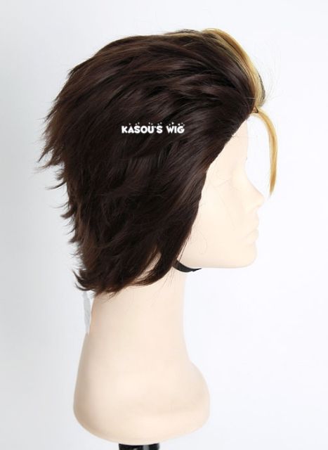 Haikyuu !! Nishinoya Yuu all back dark brown layers cosplay wig with highlighted blonde hair. KA030