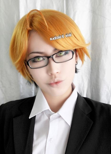 Black Butler/ Kuroshitsuji Ronald Knox golden black ombre multi colors side parted short cosplay wig with ahoge