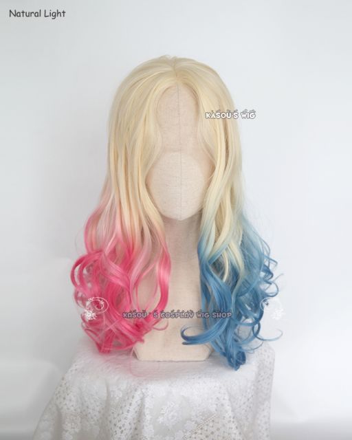 Lace Front>>Suicide Squad Harley Quinn middle part curly cosplay wig . hair down version . hand dyed with fabric dyes.