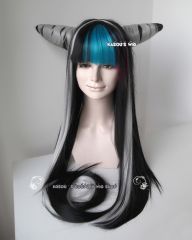 100cm / 39.5" Danganronpa Ibuki Mioda pre-styled black long muti-color cosplay wig with two horns