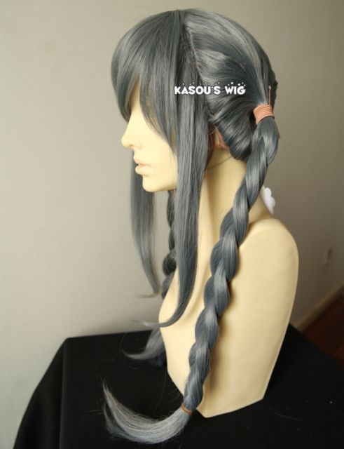SALE! Dangan Ronpa Peko Pekoyama 60cm long dark gray pre-styled cosplay wig with twin braid tails . short bangs