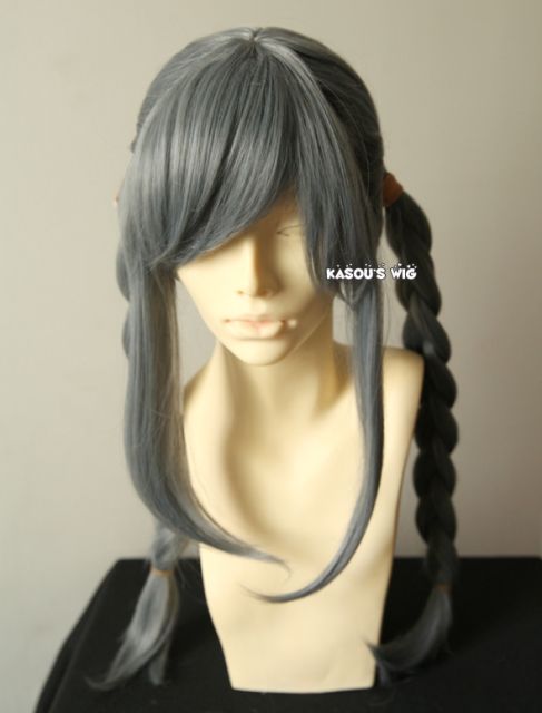 SALE! Dangan Ronpa Peko Pekoyama 60cm long dark gray pre-styled cosplay wig with twin braid tails . short bangs