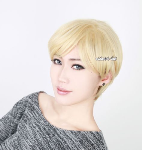 Sailor Moon Sailor Uranus Haruka Tenoh side parted pale sand blonde short curly cosplay wig