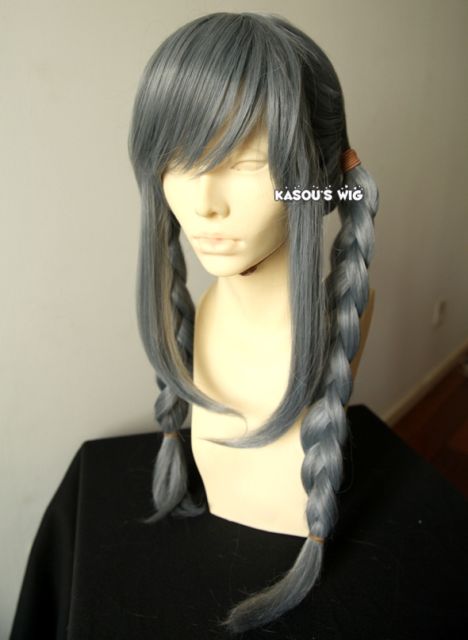 SALE! Dangan Ronpa Peko Pekoyama 60cm long dark gray pre-styled cosplay wig with twin braid tails . short bangs