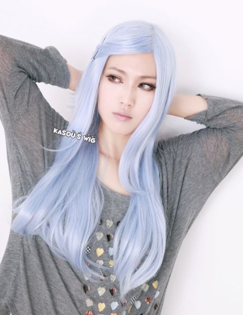 Ice Blue . Black 80cm long staight cosplay wig with long bangs . Virgilia Beatrice . Soul Eater Eruka
