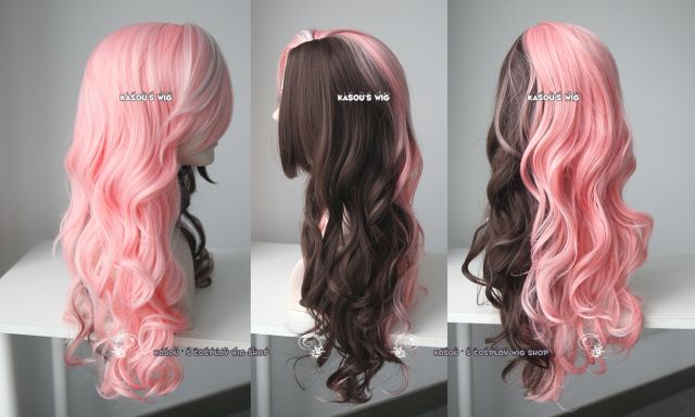 RWBY NEO pink brown split body wave cosplay wig .70cm long