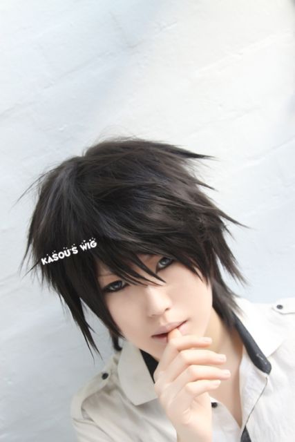 Death Note L Ryuuzaki short black layers spiky cosplay wig customs men wig. KA032