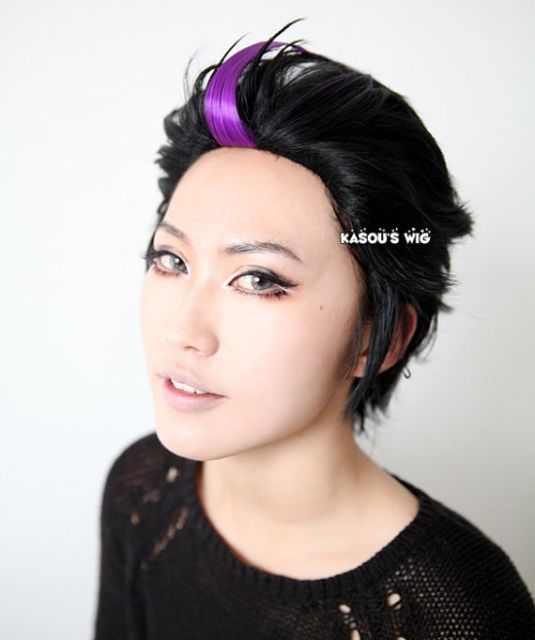 Homestuck Eridan Ampora all back black with hightlighted purple streak cosplay wig