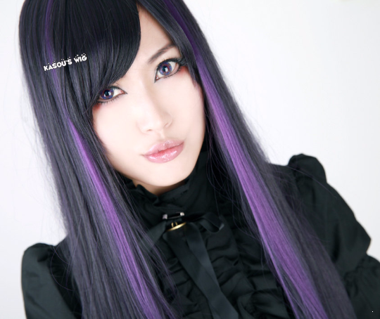 SALE! Black purple long straight cosplay wig with highlighted purple cosplay wig . short bangs . Monslter High Elissabat