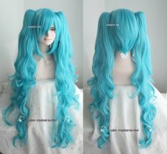 [ 2 colors ] 90cm / 35.5" Miku long blue .teal 2 ponytails wavy curly  wig .lolita hair
