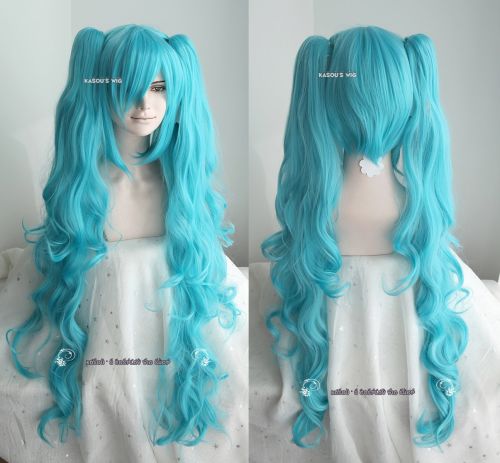 [ 2 colors ] 90cm / 35.5" Vocaloid Hatsune Miku long blue .teal 2 ponytails wavy curly  wig .lolita hair