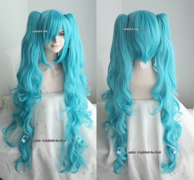 [ 2 colors ] 90cm / 35.5" Vocaloid Hatsune Miku long blue .teal 2 ponytails wavy curly cosplay wig .lolita hair